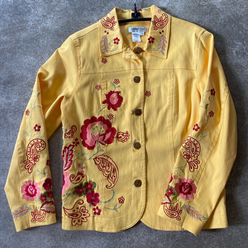 Coldwater Creek Mustard Shirt Jacket with Red Floral Embroidery